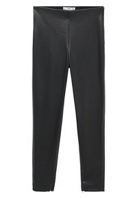 Černé kožené legíny s hladkým povrchem, s vysokým pasem a zipy na kotnících. Přiléhavý design bez viditelných vzorů.