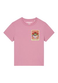 Rosa Baumwoll-T-Shirt mit einem Grafikdesign eines Eisbechers, verziert mit Sternen und Regenbogenakzenten. Mit kurzen Ärmeln und rundem Halsausschnitt.