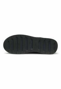 Semelle de chaussure en caoutchouc noir avec une surface texturée et des rainures horizontales, arborant le nom de marque « BOSS » en relief près du talon.