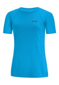 Kurzarm-T-Shirt mit Rundhalsausschnitt aus leuchtend blauem Stoff, versehen mit flachen Nähten und einem kleinen schwarzen Logo auf der Vorderseite, entworfen für aktive Nutzung.