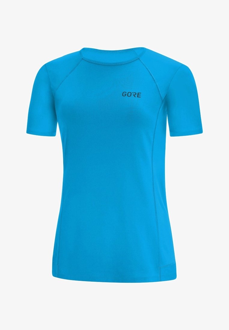 Kortärmad t-shirt med rund hals i lysande blått tyg, utformad med platta sömmar och en liten svart logotyp på framsidan, gjord för aktiv användning.