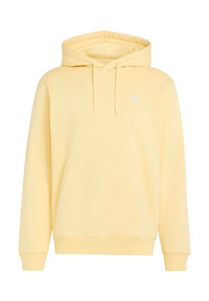 Felpa con cappuccio Adidas giallo chiaro con tasca frontale, cappuccio con coulisse, polsini a coste e piccolo logo Adidas bianco sul petto a sinistra.