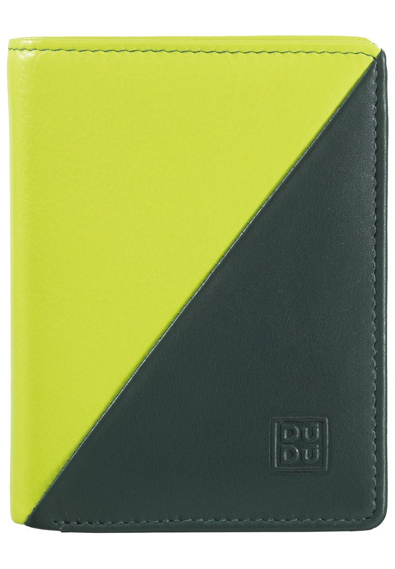 Bi-color wallet featuring a lime green and dark green leather design with a diagonal split, embossed logo on the lower right corner, and visible stitching.