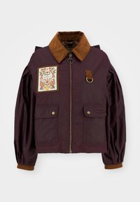 Μπορντό σακάκι με κολάρο από χνουδωτό ύφασμα, μπροστινό φερμουάρ, δύο μεγάλες τσέπες και κεντητ�ή ετικέτα με λουλουδάτα σχέδια.