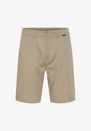 Beżowe szorty wykonane z bawełny, z zapięciem na guzik, przednimi kieszeniami i prostym krojem; posiadają metkę z logo na pasku.