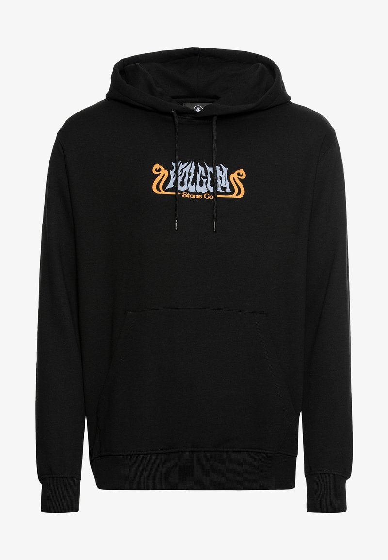 Sort hætte trøje lavet af bomuldsblanding, med en frontlomme, justerbar snor og stiliseret grafik i orange og blå tværs over brystet.