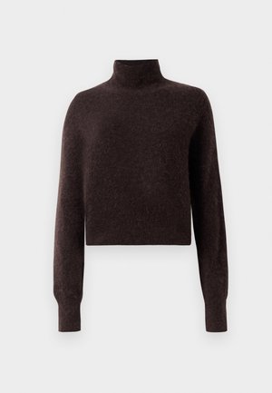 Suéter castanho de gola alta, design cropped, feito de um material macio e texturizado, com mangas longas e punhos canelados.