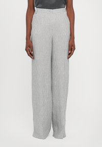 Wide-leg pants in a light gray fabric with thin, vertical stripes; features a flat front, belt loops, and a relaxed fit.