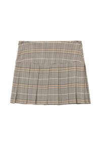 Geruite plissérok in beige, zwart en bruin. Gemaakt van een textuurstof met een aansluitende tailleband en meerdere knipplooien voor beweeglijkheid.