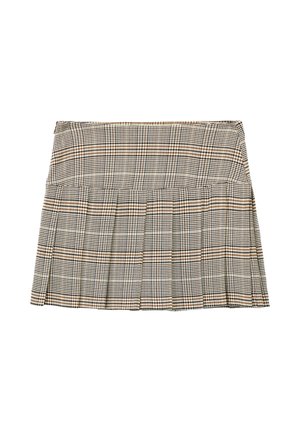 Geruite plissérok in beige, zwart en bruin. Gemaakt van een textuurstof met een aansluitende tailleband en meerdere knipplooien voor beweeglijkheid.