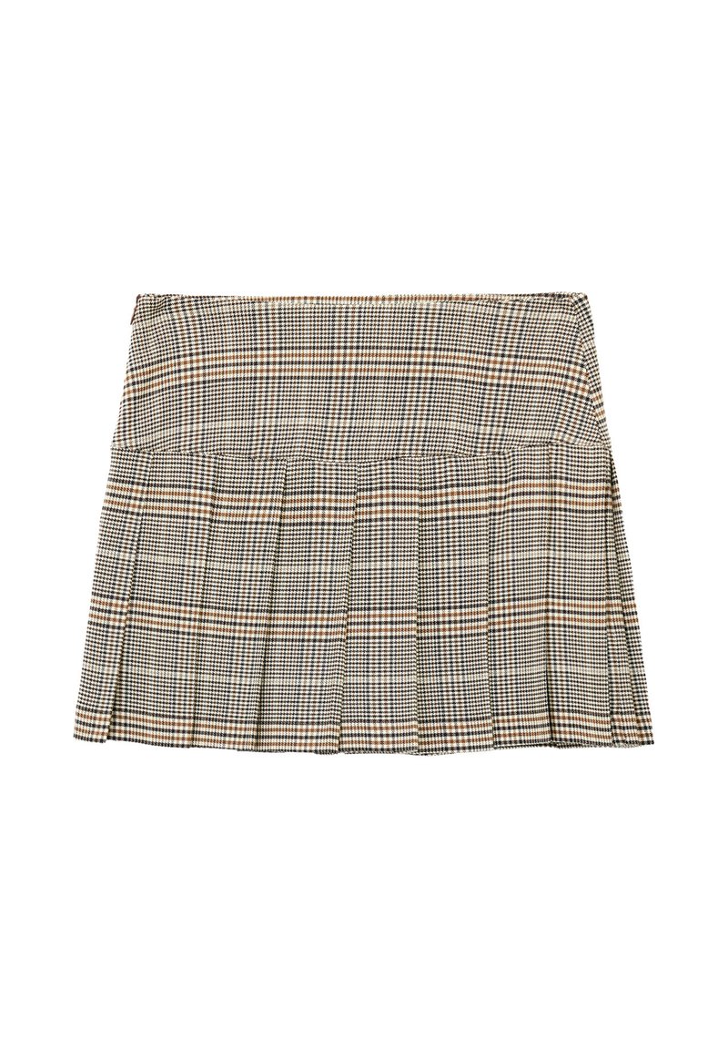 Geruite plissérok in beige, zwart en bruin. Gemaakt van een textuurstof met een aansluitende tailleband en meerdere knipplooien voor beweeglijkheid.