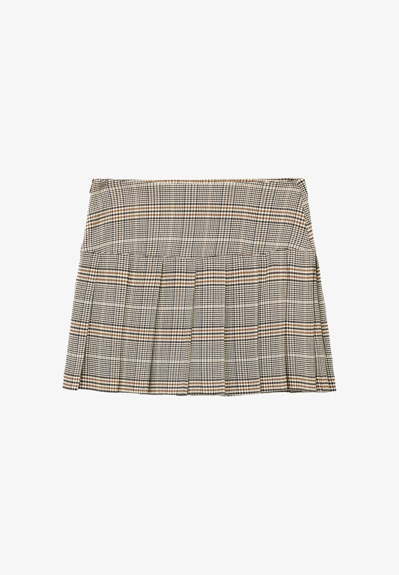 Jupe plissée en tartan beige, noire et brune. Fabriquée en tissu texturé avec une taille ajustée et de multiples plis pour le mouvement.