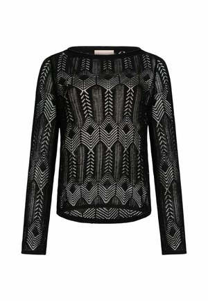 Pull noir à manches longues en crochet avec motifs géométriques de diamants et flèches, col rond et ourlet légèrement incurvé.