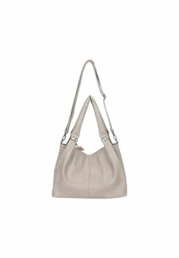 Bolso de mano de cuero beige suave con doble asa curva, herrajes plateados y un diseño flexible. Presenta una textura lisa y sin adornos visibles.