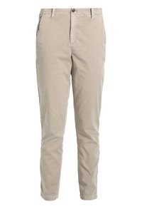 Chino beige in cotone con design a gamba dritta, chiusura a bottone e tasche frontali. Texture liscia senza motivi o accenti visibili.