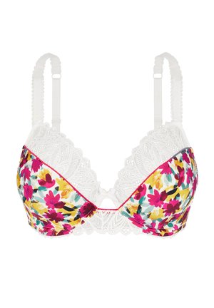 Floral bra with a white lace trim and straps. Features a colorful pattern of pink, yellow, and green flowers on a light background.