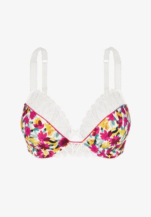 Soutien-gorge floral avec une bordure en dentelle blanche et des bretelles. Présente un motif coloré de fleurs roses, jaunes et vertes sur un fond clair.