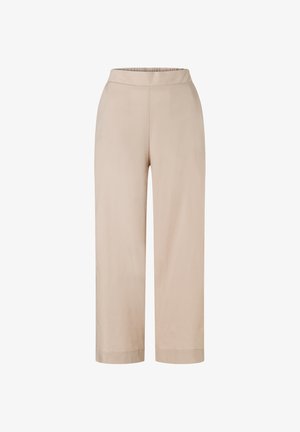 Pantalon beige à jambes larges avec taille élastique et ourlets droits, conçu pour une coupe détendue et confortable.