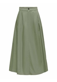 Jupe longue verte fluide en tissu léger. Dotée d'une fermeture à boutons, de plis et d'une texture lisse avec un léger éclat.