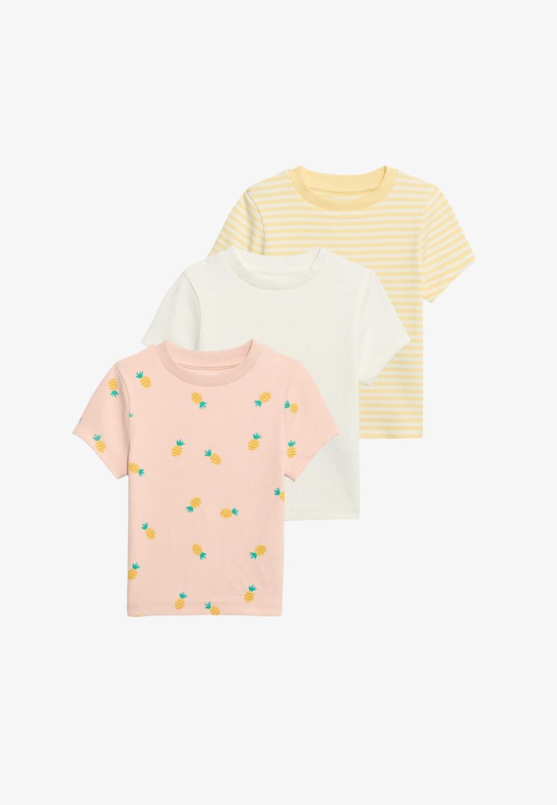 Set di tre t-shirt a maniche corte: una rosa con stampa di ananas, una bianca e una gialla a righe. Texture a coste; materiale in cotone.