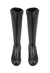 Schwarze Lederstiefel in Knielänge mit glatter Textur, runder Zehenform und Reißverschluss auf der Rückseite. Verfügt über ein minimales Design.