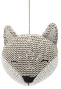 Knitted fox decor with a rounded shape, featuring a beige and white color scheme, textured ears, and stitched facial details.