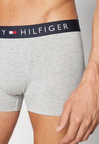 Graue Baumwoll-Boxershorts mit einem dunkelblauen elastischen Bund, der das "Tommy Hilfiger"-Logo in Weiß und roten Akzenten zeigt.