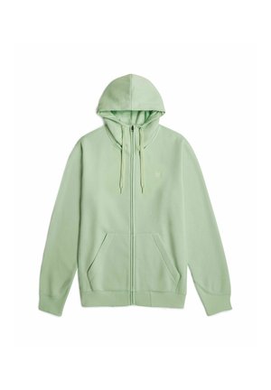 Lichtgroene zip-up hoodie gemaakt van zachte stof. Heeft een capuchon, koordjes, voorzakken en geribde manchetten aan de mouwen en onderkant.