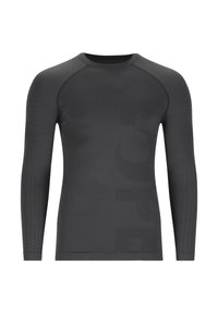 Schwarzes, langärmeliges Sportshirt mit Rundhalsausschnitt und dezenten, strukturierten Mustern an Ärmeln und Rumpf.