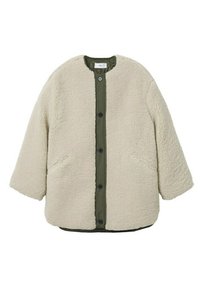 Veste en polaire sherpa beige avec manches longues et patte de boutonnage verte à l'avant, design sans col.