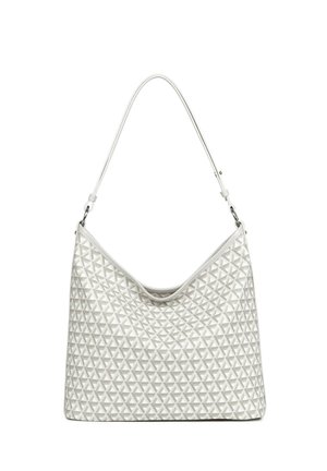 Sac à épaule blanc avec un motif géométrique triangulaire et une sangle réglable avec des ferrures argentées.