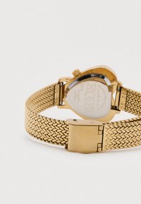 Kuldne metallist käekell võrgusoojaga rihma, ümarate servadega korpuse ja läbipaistva klaasist tagaküljega, mis kuvab märgistust. Omab kokkukeeratavat kinnitusklambrit.