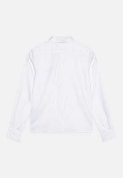 Camicia bianca a maniche lunghe con colletto, caratterizzata da un design con bottoni, una texture liscia e dettagli con bottoni sui polsini.