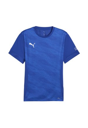 Blaues Sport-T-Shirt mit strukturiertem Muster, Rundhalsausschnitt, kurzen Ärmeln und einem weißen Logo auf der Brust und dem Ärmel. Leichter Stoff.