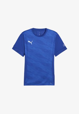 Blauwe sport T-shirt met een gestructureerd patroon, ronde hals, korte mouwen en een witte logo op de borst en mouw. Lichtgewicht stof.