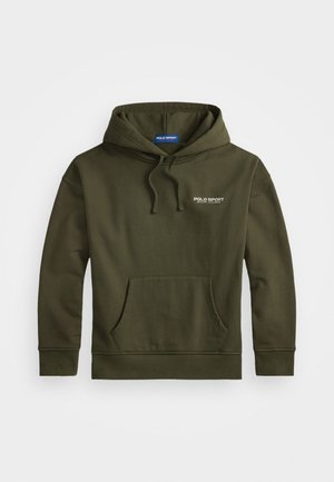 Hoodie verde-oliva feito de um tecido macio, com um bolso canguru, punhos canelados e o logótipo "POLO SPORT" no peito. Estilo clássico de pullover.