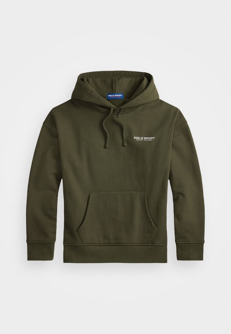 Olive zelená mikina s kapucňou vyrobená z jemnej tkaniny, so klokankovou vreckom, ribovanými manžetami a logom "POLO SPORT" na hrudi. Klasický pulóverový štýl.