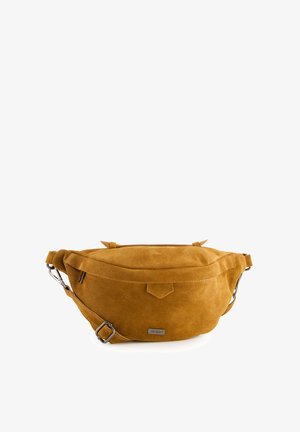 Gelber Wildleder-Gürteltasche mit glatter Textur, verstellbarem Riemen und einer kleinen Fronttasche. Verfügt über silberne Hardware und ein Logo-Tag.