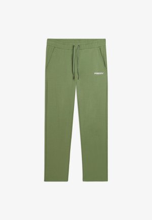 Pantalones de chándal verde oliva con cintura elástica, cordón, bolsillos laterales y logo "FREDDY" en la parte superior del muslo izquierdo.