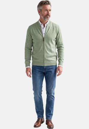 Mies, jolla on vaaleanvihreä vetoketjullinen neulepaita, valkoinen napillinen paita, siniset farkut ja ruskeat nahkakengät, seisoo valkoista taustaa vasten.