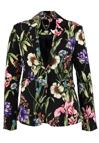 Floral blazer van zwarte stof, met een mix van kleurrijke bloemen in onder andere roze, paars en wit, met een getailleerde pasvorm en reverskraag.