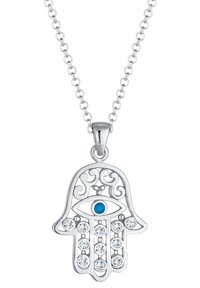 Collier en argent avec un design de main de Hamsa, orné de pierres précieuses transparentes et d'un détail en forme d'œil bleu au centre.