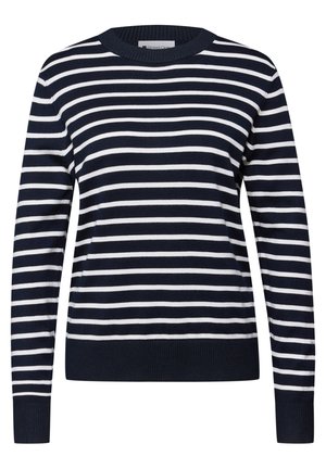 Pull en maille rayé bleu marine et blanc, à manches longues, col rond, avec poignets et ourlet côtelés. Texture douce, coupe décontractée.