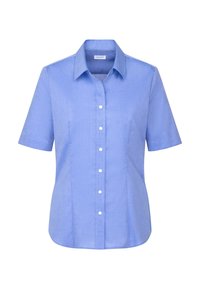 Chemise bleu clair à manches courtes avec col pointu et boutons blancs, conçue pour les femmes.
