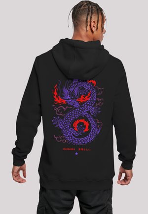 Black hoodie with colorful dragon design in purple and red, featuring circular elements and Japanese text near the hem.