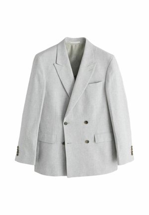 Light grey double-breasted blazer with peak lapels, four-button cuffs, and flap pockets on a white background.
