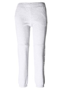 Graue Jogginghose mit elastischem Bund, schmal zulaufenden Beinen und bedrucktem Logo. Hergestellt aus einem weichen, glatten Stoff mit einem lässigen Design.