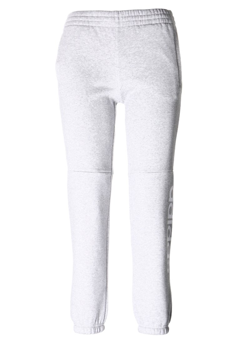 Graue Jogginghose mit elastischem Bund, schmal zulaufenden Beinen und bedrucktem Logo. Hergestellt aus einem weichen, glatten Stoff mit einem lässigen Design.