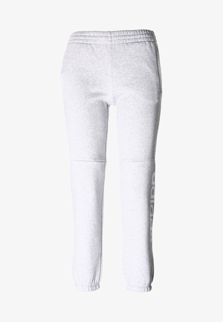 Szare dresy z elastycznym paskiem w talii, zwężanymi nogawkami i nadrukowanym logo. Wykonane z miękkiego, gładkiego materiału o casualowym wyglądzie.