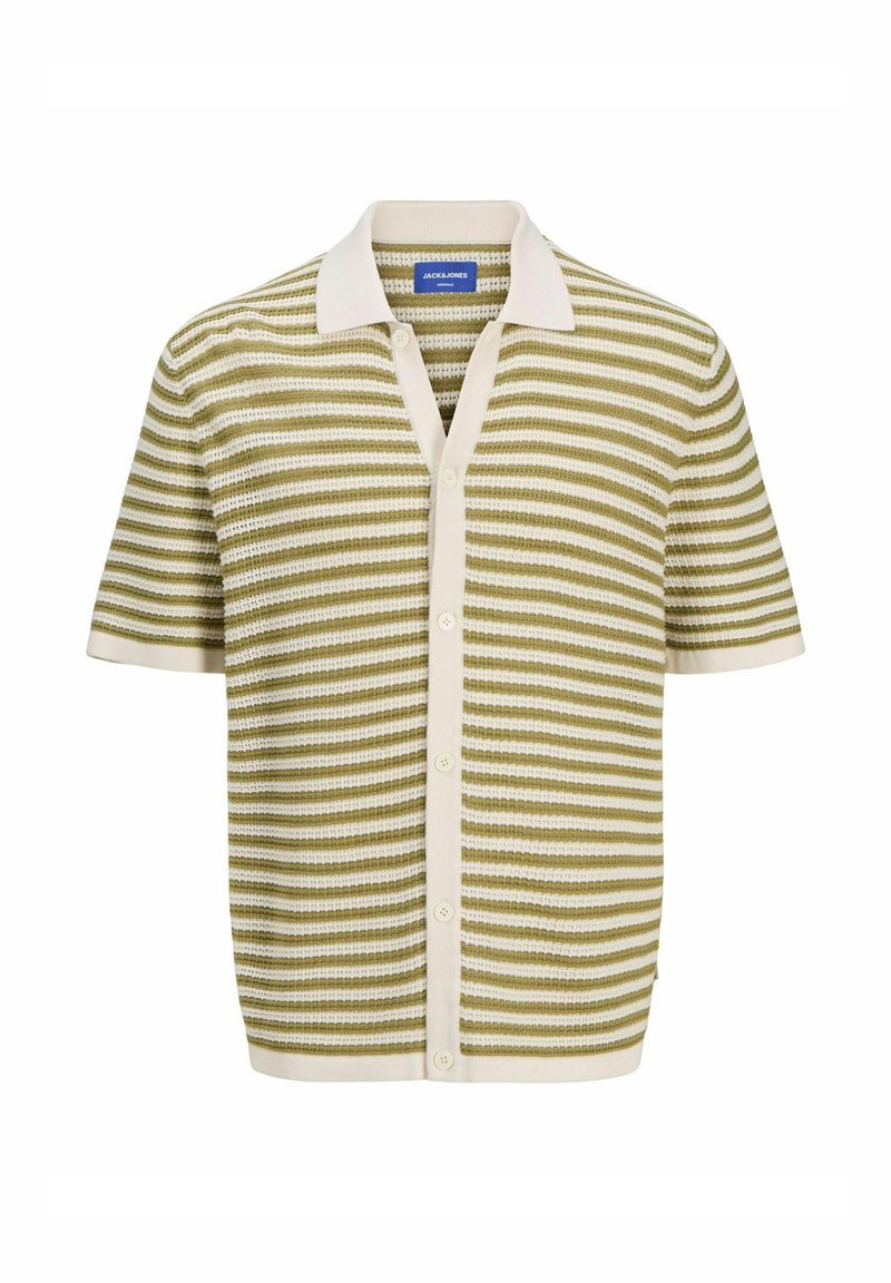 Short-sleeve shirt in olive and white stripes, featuring a cream collar, front button closure, and open knit texture.